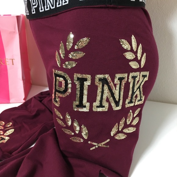NEW PINK VS BLING LOGOS FLAT LEGGING MAROON - Picture 2 of 6